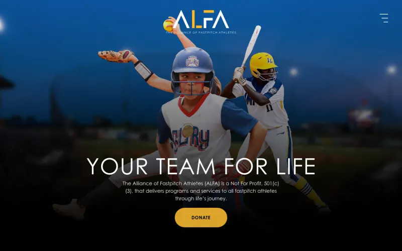 The ALFA Fastpitch homepage reading 'Your Team For Life' above a donate button