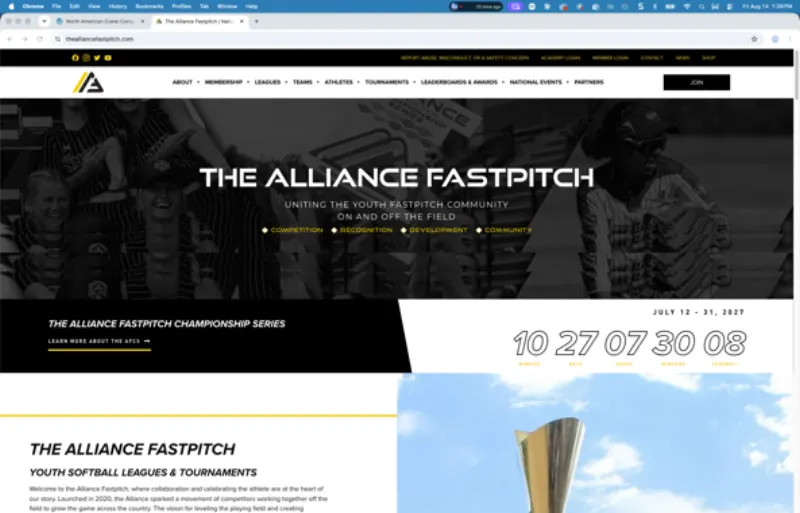 The Alliance Fastpitch homepage, with a photo hero reading 'Uniting the youth fastpitch community on and off the field'