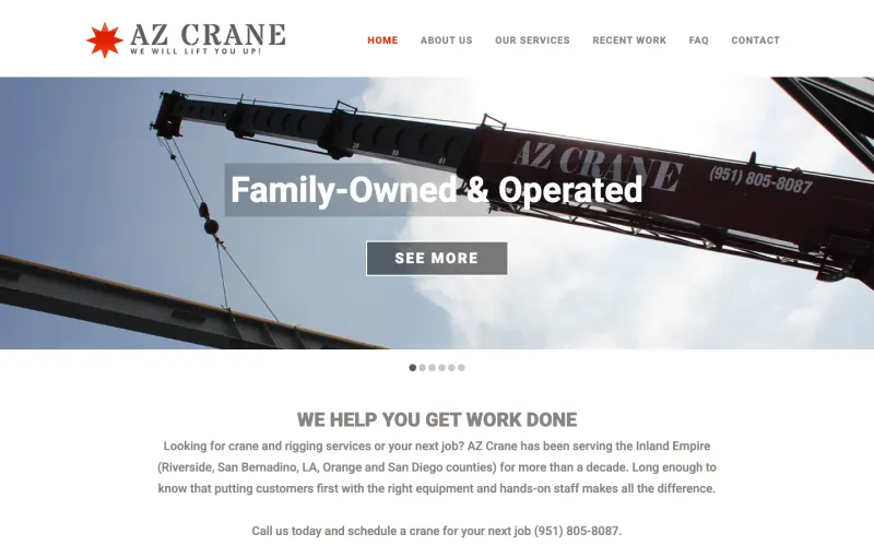 The AZ Crane homepage, a crane services company serving Southern California