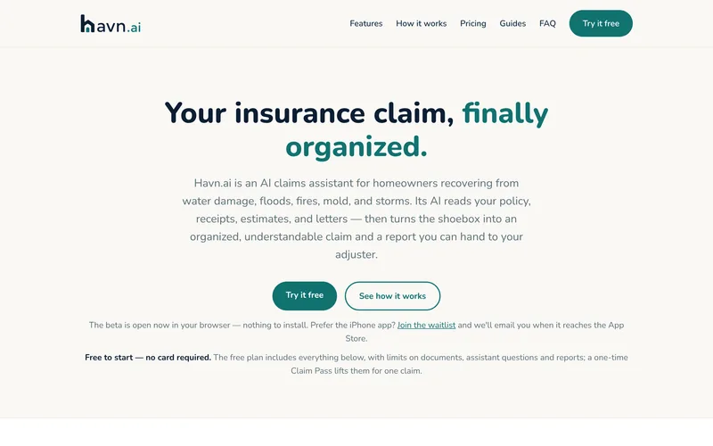 The Havn.ai homepage, a tool for organizing a homeowners insurance claim