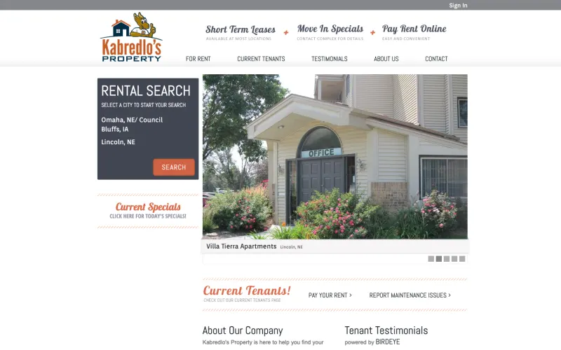 The Kabredlo's Property apartment rental homepage, with a city-based rental search and featured property gallery
