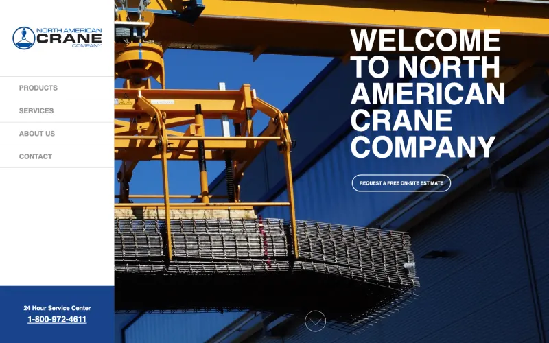 The North American Crane Company homepage, with a fixed sidebar navigation and full-bleed hero