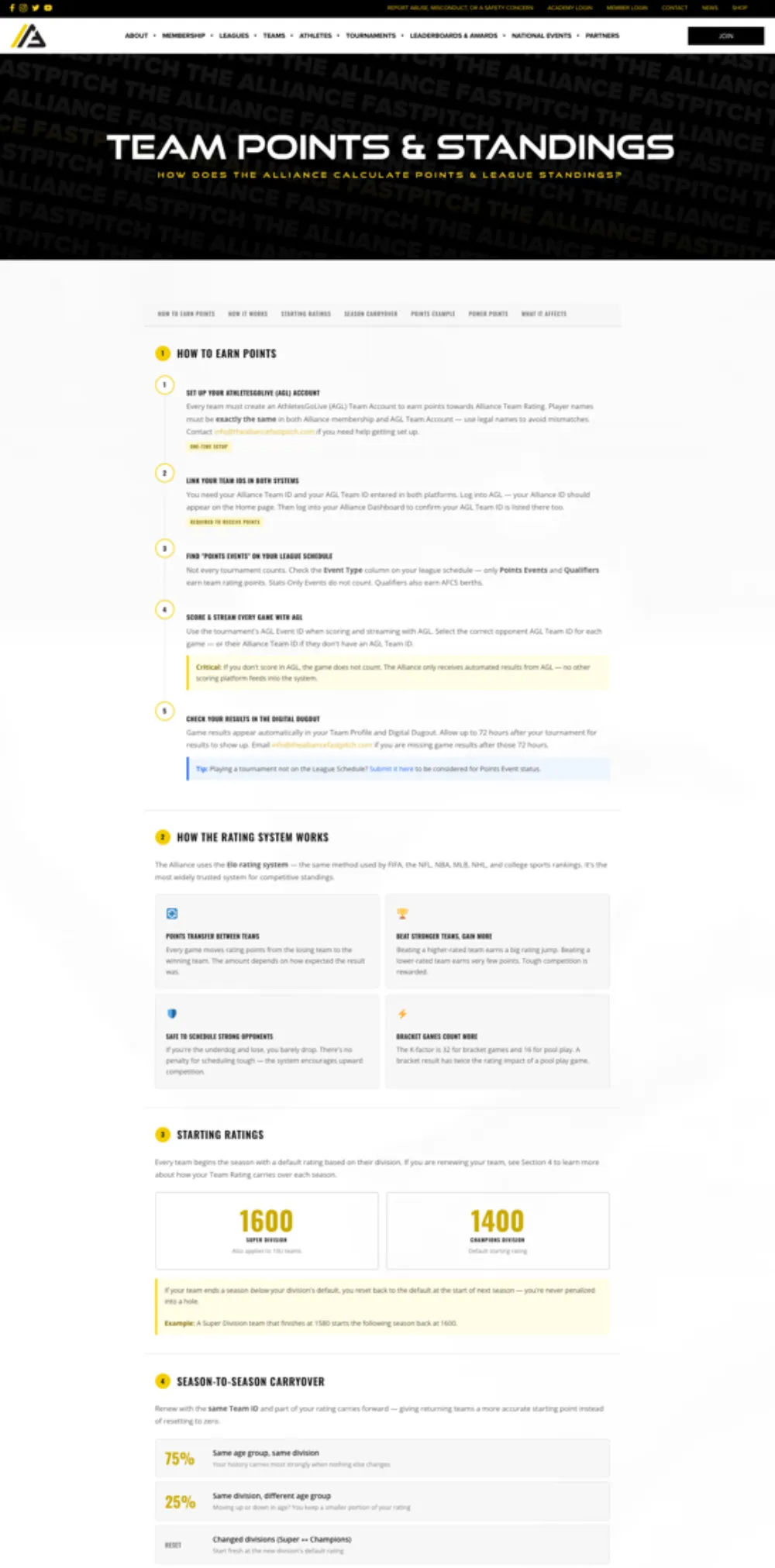 The Alliance points and standings explainer page, documenting how the Elo rating system works