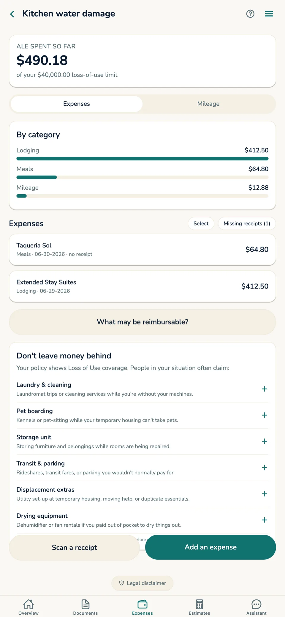 The expenses screen showing loss-of-use spend against the policy limit, a category breakdown, individual expenses with a missing-receipts filter, and prompts for commonly missed costs