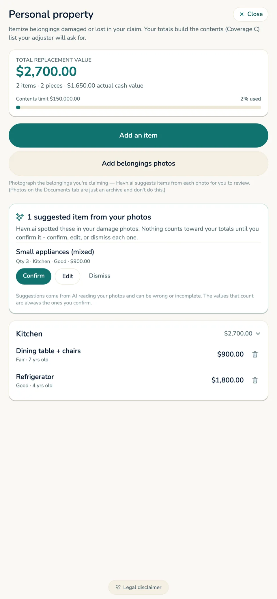 The personal-property screen showing total replacement value against the contents limit, an item suggested from a damage photo waiting to be confirmed, and a room-by-room list of belongings