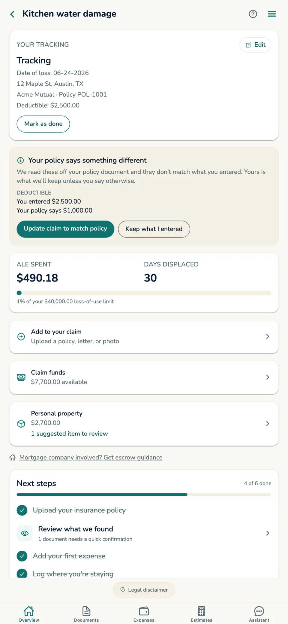 A claim overview screen showing date of loss, carrier, policy number and deductible, then loss-of-use spend and days displaced, and a next-steps checklist