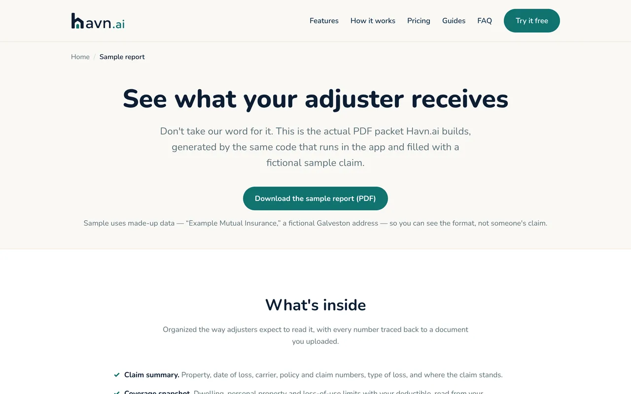 The myhavn.ai sample report page, previewing the PDF packet a homeowner can hand to their adjuster